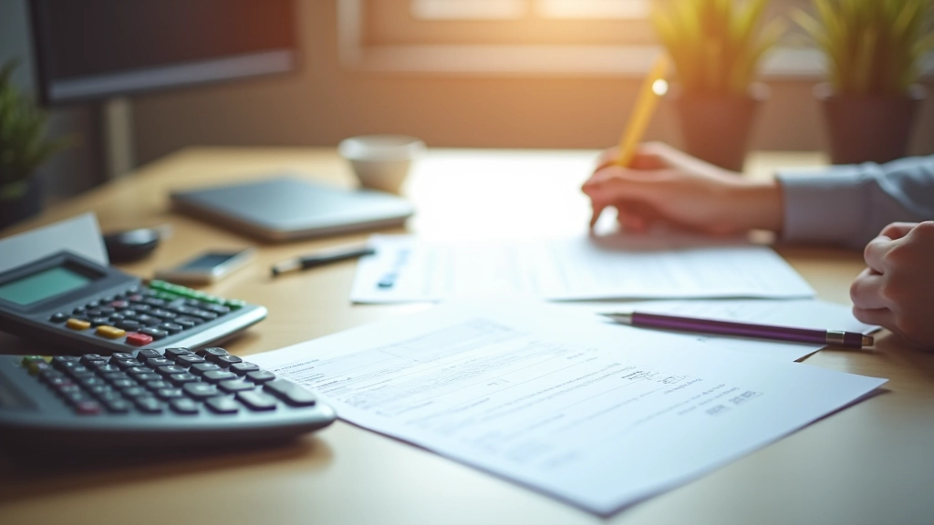 Bureau avec documents fiscaux, stylo et calculatrice sur un bureau moderne