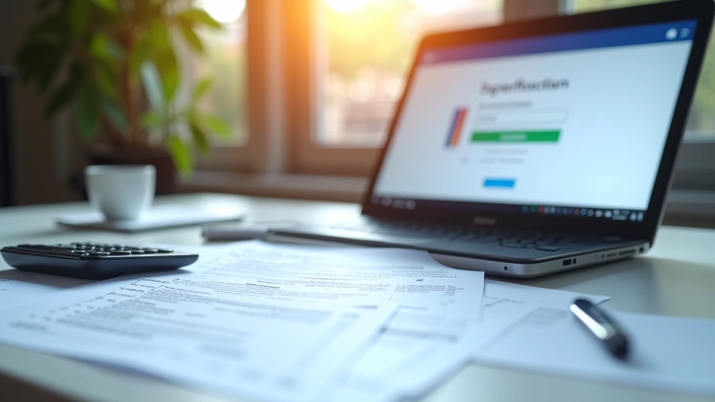 Bureau administratif avec documents fiscaux, ordinateur portable affichant un portail gouvernemental, stylo et calculatrice sur le bureau